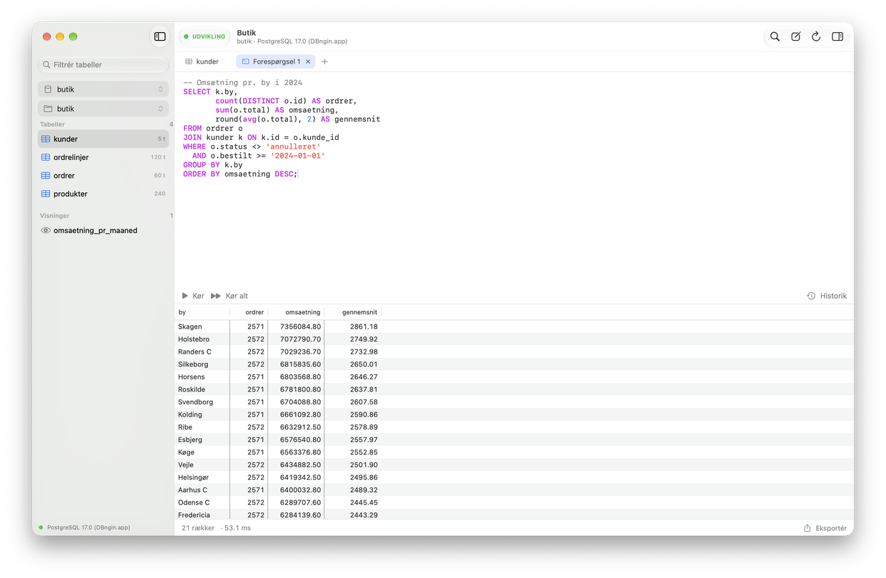 SQL-editoren i Tabel med en forespørgsel om omsætning pr. by og resultatet nedenunder.