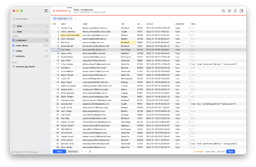 A production database over SSH in Tabel, with the red bar and two edits waiting to be saved.